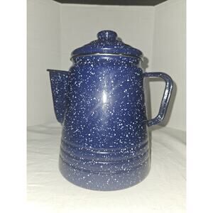 Blue & White Speckled Percolator With Lid. For Camping. Enamelware